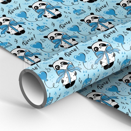 Упаковочная бумага 70*100см "PandaGift_Blue" 80г/м2 глянц. MESHU /Рельеф