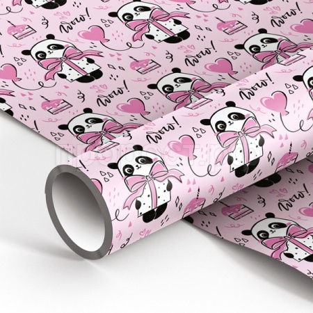 Упаковочная бумага 70*100см "PandaGift_Pink" 90г/м2 глянц. MESHU/Рельеф