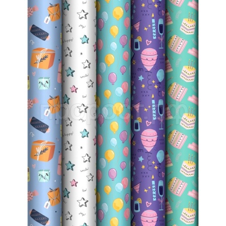 Упаковочная бумага 70*100см "Birthday mood" 80г/м2 глянц. ассорти 5 дизайнов MESHU /372626/Рельеф